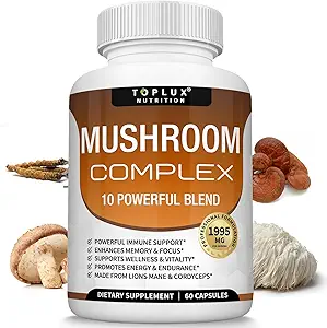 Toplux Mushroom Supplement Lions Mane - Cordyceps Reishi Chaga 10 Biologische Paddestoel Mengen om Immune System, Geheugen, Focus & Clarity en Energie verhogen, voor Mannen Vrouwen, 60 Capsules