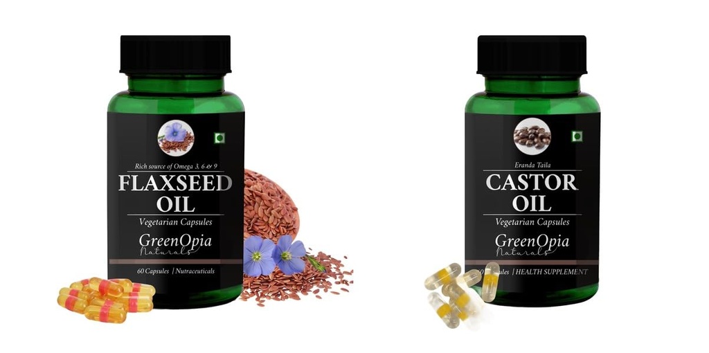 Flax-seed-oil-vegetarian-capsules, Castor-oil-vegetarian-capsules Combo | Convenient Nutrition & Wellness Routine | Multi-Product Pack