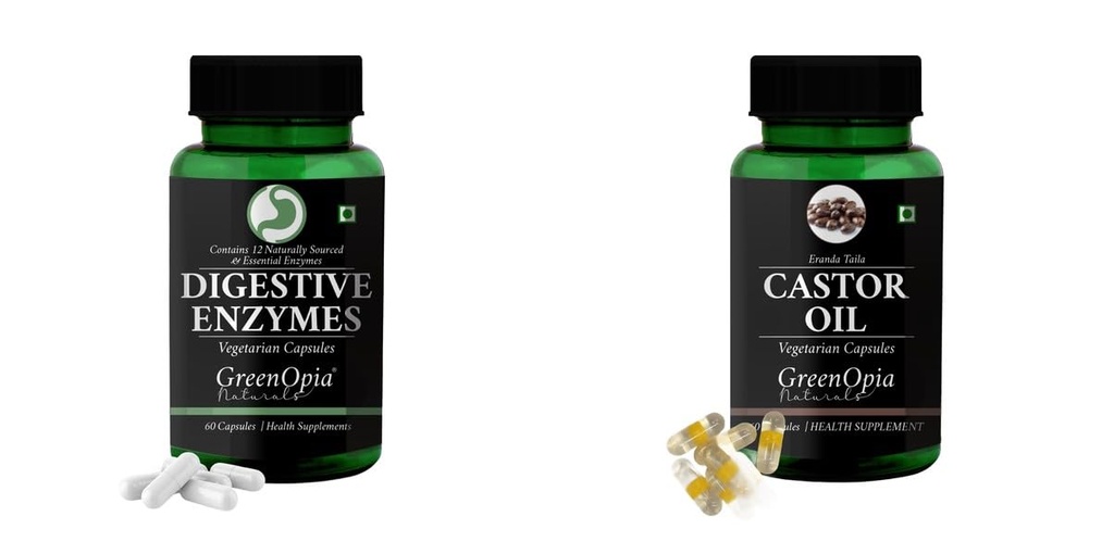 Digestive-enzymes-60-vegetarian-capsules, Castor-oil-vegetarian-capsules Combo | Convenient Nutrition & Wellness Routine | Multi-Product Pack