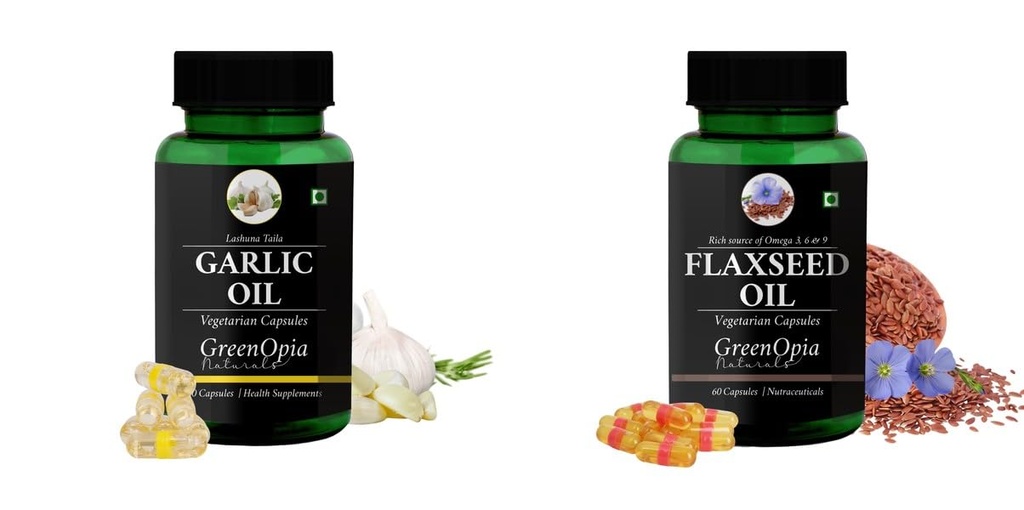 Garlic-oil-vegetarian-capsules, Flax-seed-oil-vegetarian-capsules Combo | Convenient Nutrition & Wellness Routine | Multi-Product Pack