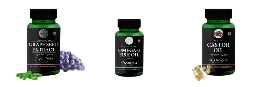 Grape-seed-extract-60-vegetarian-capsules, Fish-oil-capsules, Castor-oil-vegetarian-capsules Combo | Convenient Nutrition & Wellness Routine | Multi-Product Pack