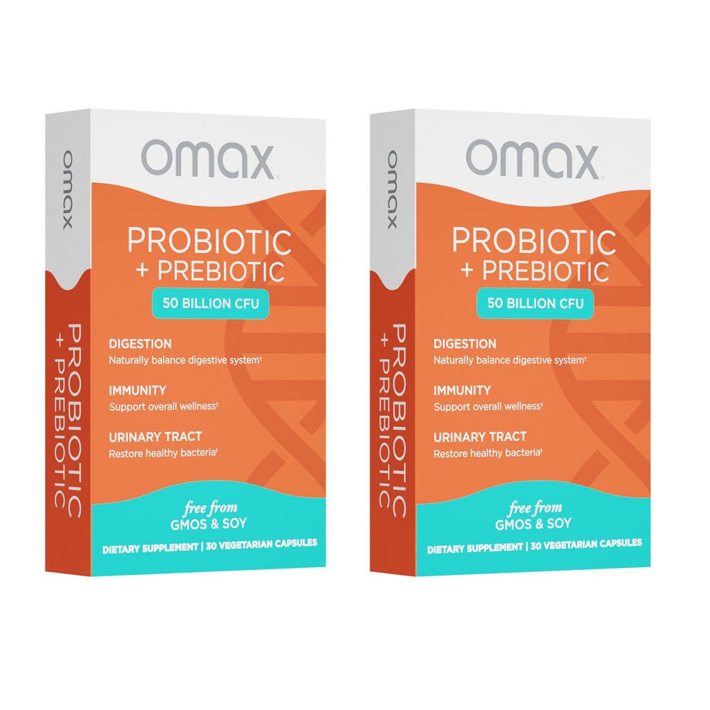 Omax3 Prebiotic & Probiotic 50 Miljard CFU + Chicory Inulin, 10 stamper, Verminder opgeblazen gevoel, spijsvertering, SIBO, Leaky Gut, Vaginale pH, Acidophilus, Vegan, Zuivelvrij, Glutenvrij, Blisterverpakking (2 verpakkingen)