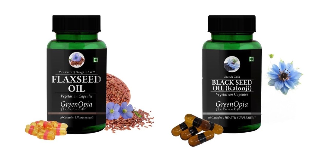 Flax-seed-oil-vegetarian-capsules, Black-seed-oil-capsules Combo | Convenient Nutrition & Wellness Routine | Multi-Product Pack