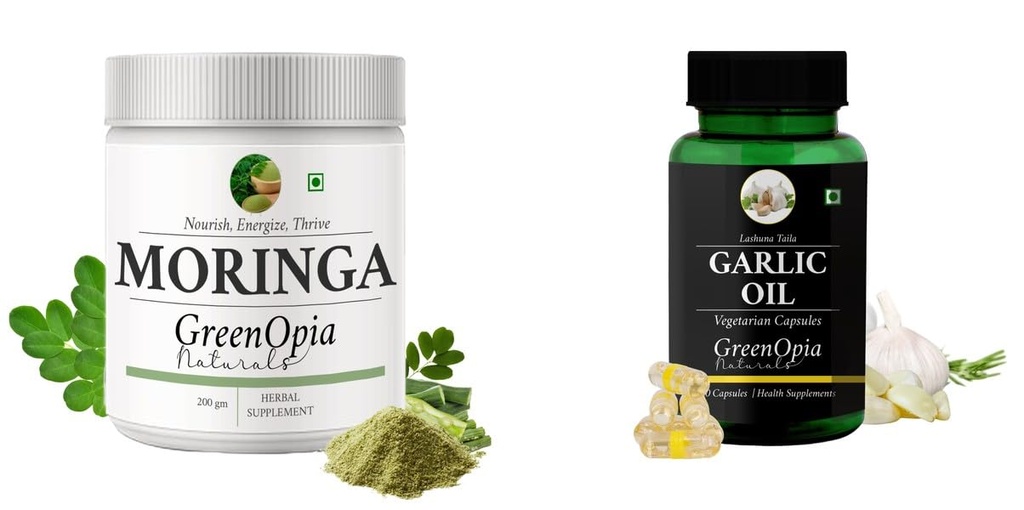 Moringa-oleifera-powder, Garlic-oil-vegetarian-capsules Combo | Convenient Nutrition & Wellness Routine | Multi-Product Pack