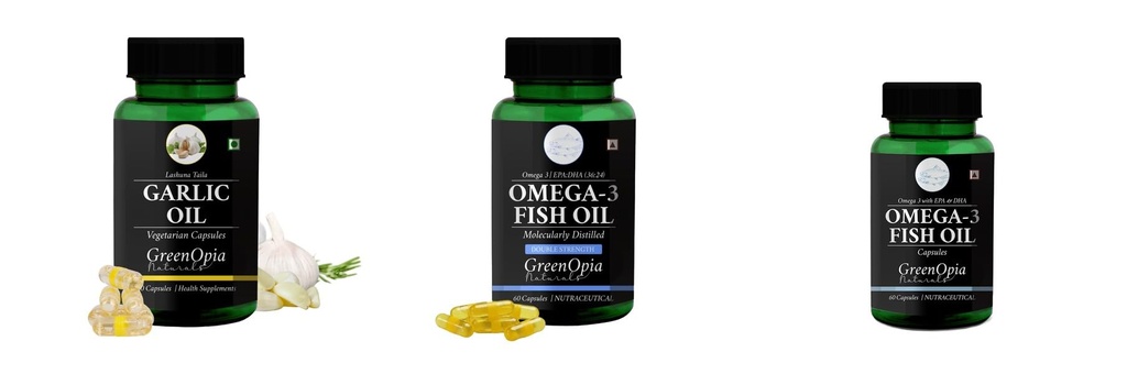 Garlic-oil-vegetarian-capsules, Fish-oil-double-strength, Fish-oil-capsules Combo | Convenient Nutrition & Wellness Routine | Multi-Product Pack