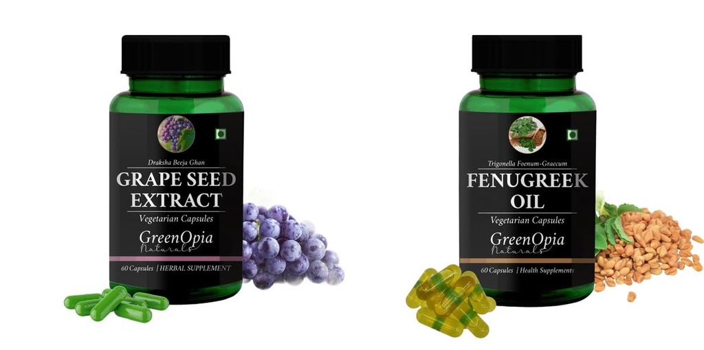 Grape-seed-extract-60-vegetarian-capsules, Fenugreek-oil-vegetarian-capsules Combo | Convenient Nutrition & Wellness Routine | Multi-Product Pack