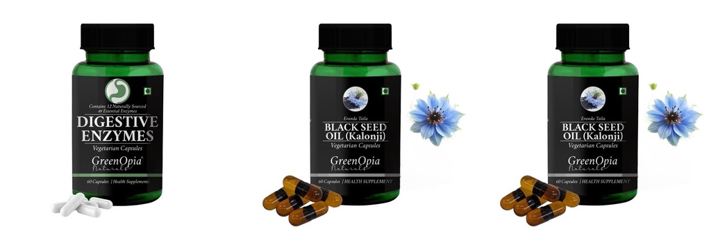 Digestive-enzymes-60-vegetarian-capsules, Black-seed-oil-capsules Combo | Convenient Nutrition & Wellness Routine | Multi-Product Pack