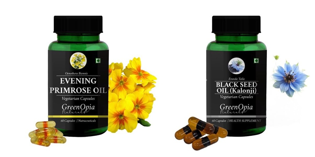 Evening-primrose-oil-vegetarian-capsules, Black-seed-oil-capsules Combo | Convenient Nutrition & Wellness Routine | Multi-Product Pack