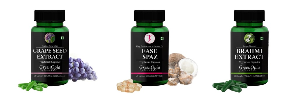 Grape-seed-extract-60-vegetarian-capsules, Ease-spaz-vegetarian-capsules, Brahmi-vegetarian-capsules Combo | Convenient Nutrition & Wellness Routine | Multi-Product Pack
