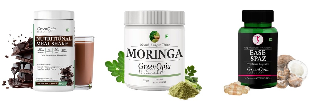 Nutritional-meal-shake-chocolate, Moringa-oleifera-powder, Ease-spaz-vegetarian-capsules Combo | Convenient Nutrition & Wellness Routine | Multi-Product Pack