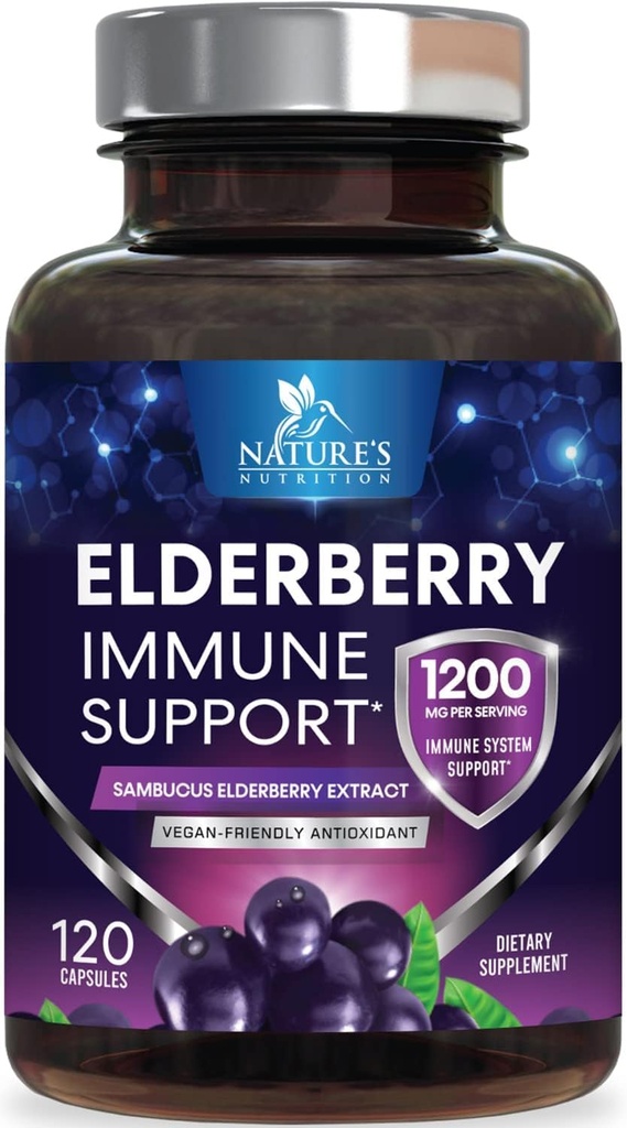 Vlierbessen Immuun Ondersteuning 1200mg - Dagelijks Immuun Ondersteuning voor Volwassenen met Geconcentreerde Sambucus Zwarte Vlierbessen Extract - Antioxidant Vitamine Supplement, Glutenvrij, Gebotteld in de VS - 120 Capsules