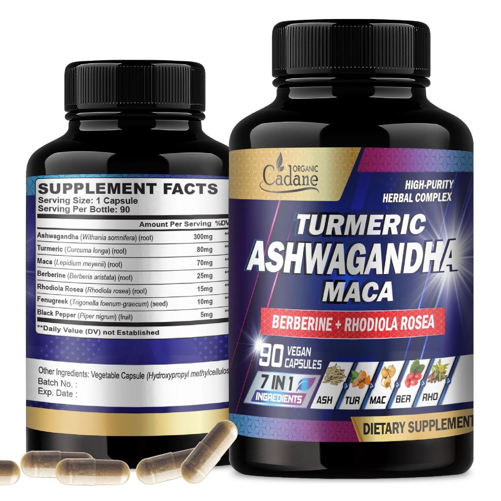 Biologische Cadane Ashwagandha-supplementen - Geheugen, immuunsysteem en krachtondersteuning - 7in1 Geconcentreerd met Kurkuma, Maca Root, Berberine & Meer - 90 Vegan Capsules voor levering van 3 maanden