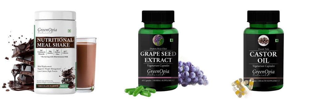 Nutritional-meal-shake-chocolate, Grape-seed-extract-60-vegetarian-capsules, Castor-oil-vegetarian-capsules Combo | Convenient Nutrition & Wellness Routine | Multi-Product P