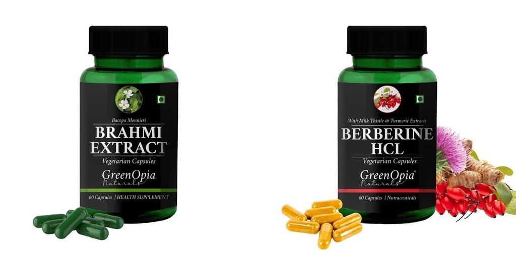 Brahmi-vegetarian-capsules, Berberine-hcl-vegetarian-capsules Combo | Convenient Nutrition & Wellness Routine | Multi-Product Pack