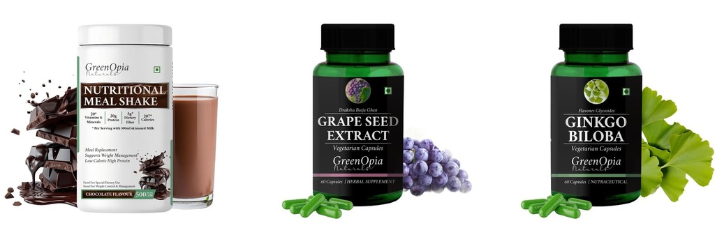 Nutritional-meal-shake-chocolate, Grape-seed-extract-60-vegetarian-capsules, Ginkgo-biloba-vegetarian-capsules Combo | Convenient Nutrition & Wellness Routine | Multi-Produc