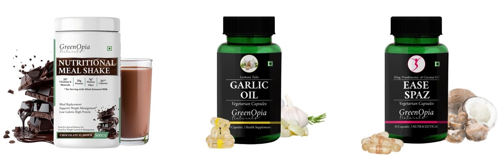 Nutritional-meal-shake-chocolate, Garlic-oil-vegetarian-capsules, Ease-spaz-vegetarian-capsules Combo | Convenient Nutrition & Wellness Routine | Multi-Product Pack
