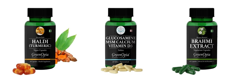 Haldi-oil-vegetarian-capsules, Glucosamine-msm-tablets, Brahmi-vegetarian-capsules Combo | Convenient Nutrition & Wellness Routine | Multi-Product Pack
