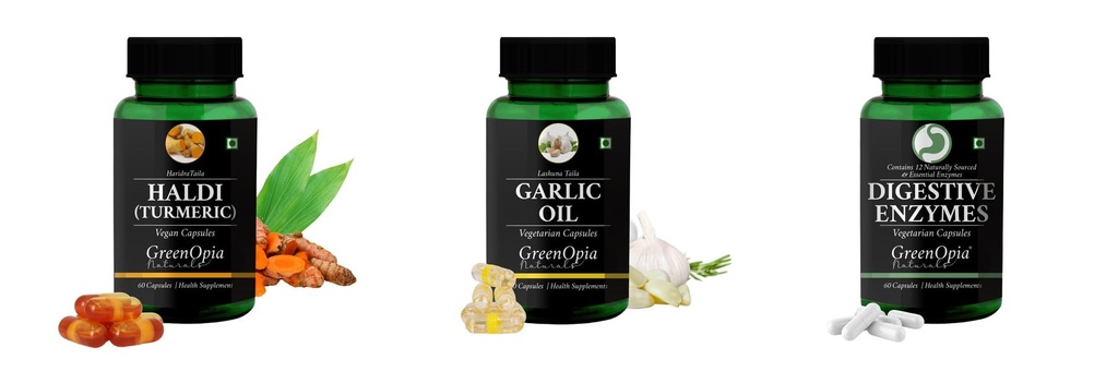 Haldi-oil-vegetarian-capsules, Garlic-oil-vegetarian-capsules, Digestive-enzymes-60-vegetarian-capsules Combo | Convenient Nutrition & Wellness Routine | Multi-Product Pack