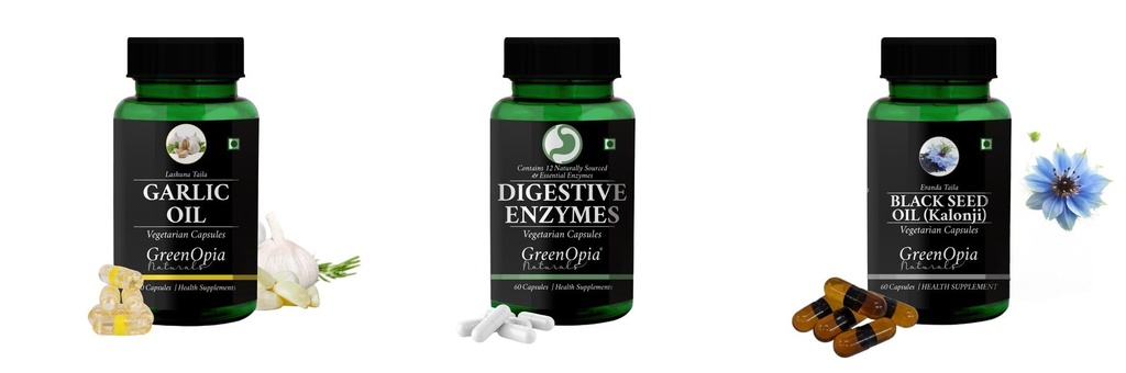 Garlic-oil-vegetarian-capsules, Digestive-enzymes-60-vegetarian-capsules, Black-seed-oil-capsules Combo | Convenient Nutrition & Wellness Routine | Multi-Product Pack