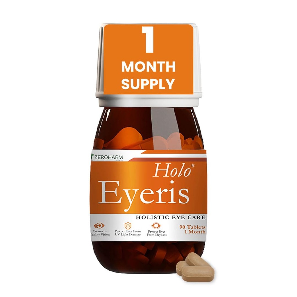 ZEROHARM Holo Eyeris | Lutein and Zeaxanthin Eye Supplements | Supports Vision, Eye Health & Digital Eye Strain Relief from High Screen Time for Men and Women | 90 Tablets