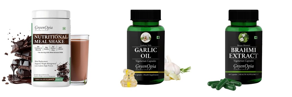 Nutritional-meal-shake-chocolate, Garlic-oil-vegetarian-capsules, Brahmi-vegetarian-capsules Combo | Convenient Nutrition & Wellness Routine | Multi-Product Pack