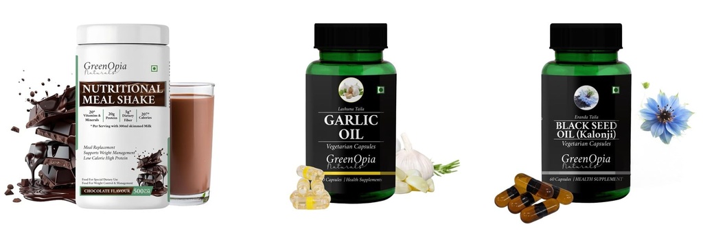 Nutritional-meal-shake-chocolate, Garlic-oil-vegetarian-capsules, Black-seed-oil-capsules Combo | Convenient Nutrition & Wellness Routine | Multi-Product Pack