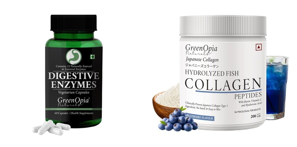 Digestive-enzymes-60-vegetarian-capsules, Marine-collagen-peptides-powder-blueberry Combo | Convenient Nutrition & Wellness Routine | Multi-Product Pack