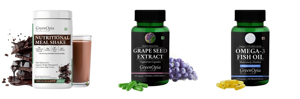 Nutritional-meal-shake-chocolate, Grape-seed-extract-60-vegetarian-capsules, Fish-oil-double-strength Combo | Convenient Nutrition & Wellness Routine | Multi-Product Pack