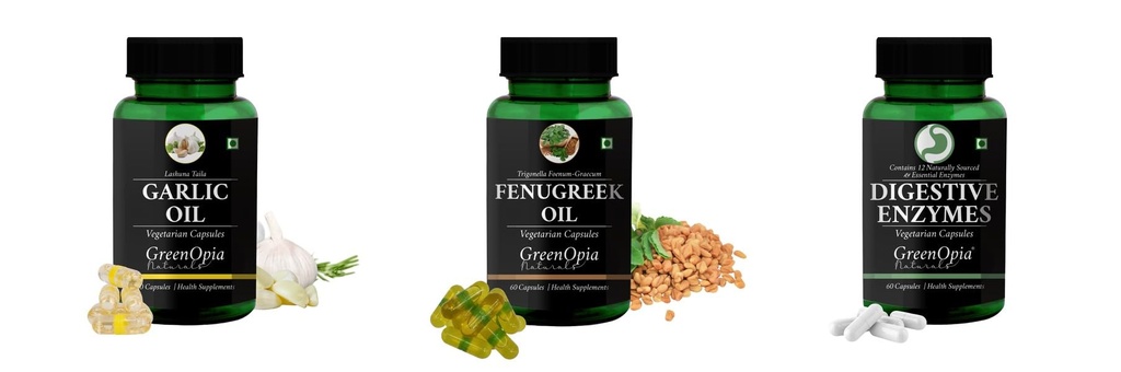 Garlic-oil-vegetarian-capsules, Fenugreek-oil-vegetarian-capsules, Digestive-enzymes-60-vegetarian-capsules Combo | Convenient Nutrition & Wellness Routine | Multi-Product P