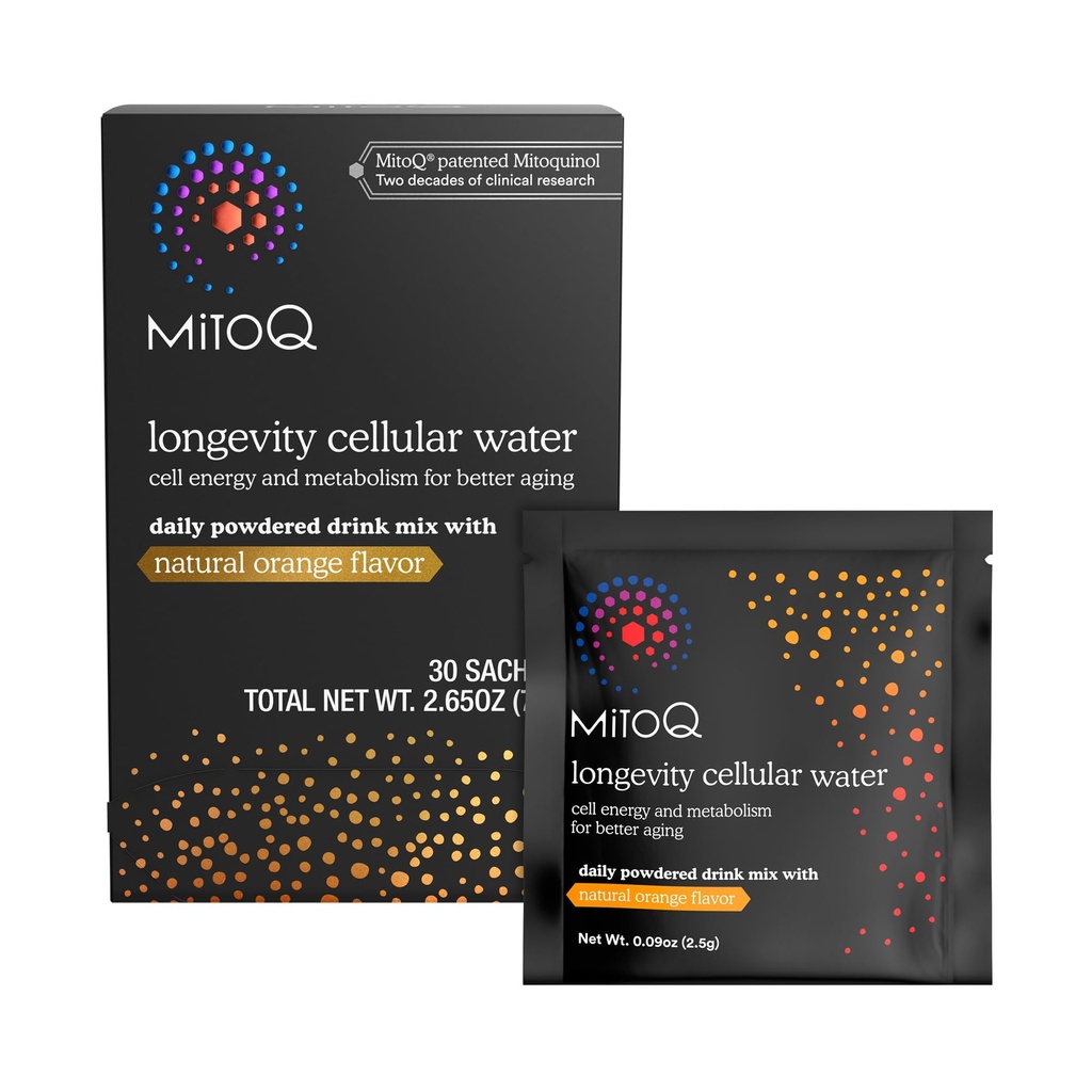 MitoQ Longevity Cellular Water Daily Powdered Drink Mix Natural Orange Flavor - Mitochondrial-targeted Antioxidant - Cell Energy and Metabolisme for Better Aging (Orange, 30 Packets)