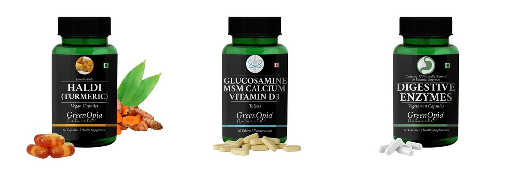 Haldi-oil-vegetarian-capsules, Glucosamine-msm-tablets, Digestive-enzymes-60-vegetarian-capsules Combo | Convenient Nutrition & Wellness Routine | Multi-Product Pack