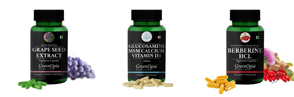 Grape-seed-extract-60-vegetarian-capsules, Glucosamine-msm-tablets, Berberine-hcl-vegetarian-capsules Combo | Convenient Nutrition & Wellness Routine | Multi-Product Pack