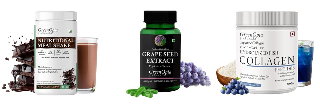 Nutritional-meal-shake-chocolate, Grape-seed-extract-60-vegetarian-capsules, Marine-collagen-peptides-powder-blueberry Combo | Convenient Nutrition & Wellness Routine | Mult