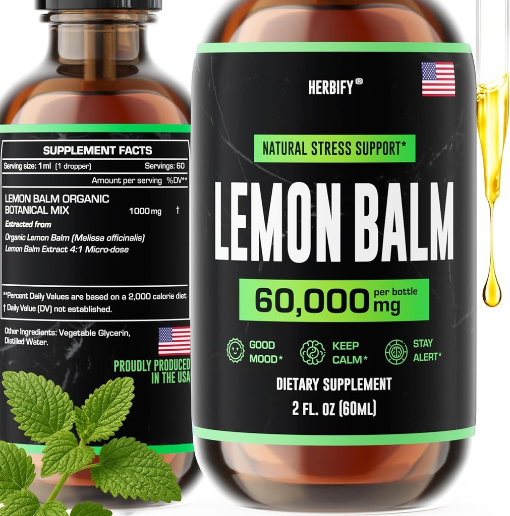 HERBIFY Lemon Balsem Tinctuur - Melissa Officinalis Leaf Liquid Extract - Hersensupport and Mood Boost - Lemon Balsem Drops for Immune & Cognitive Support - 2 Fl oz