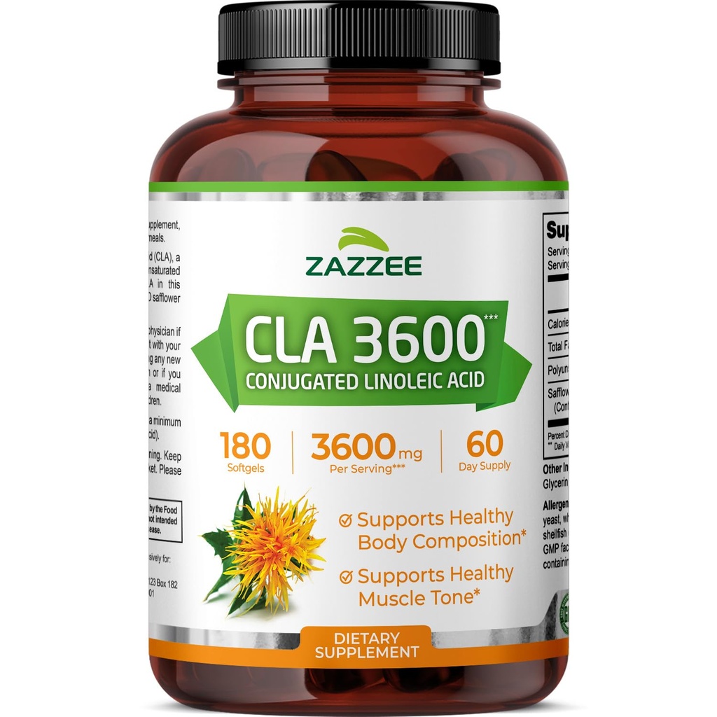 Zazzee High Potency CLA 3600, 180 Softgels, 3600 mg par portion, acide linoléique conjugué de l'huile de carthame, concentré et normalisé, 60 jours d'approvisionnement, non-OGM et fabriqué aux États-Unis