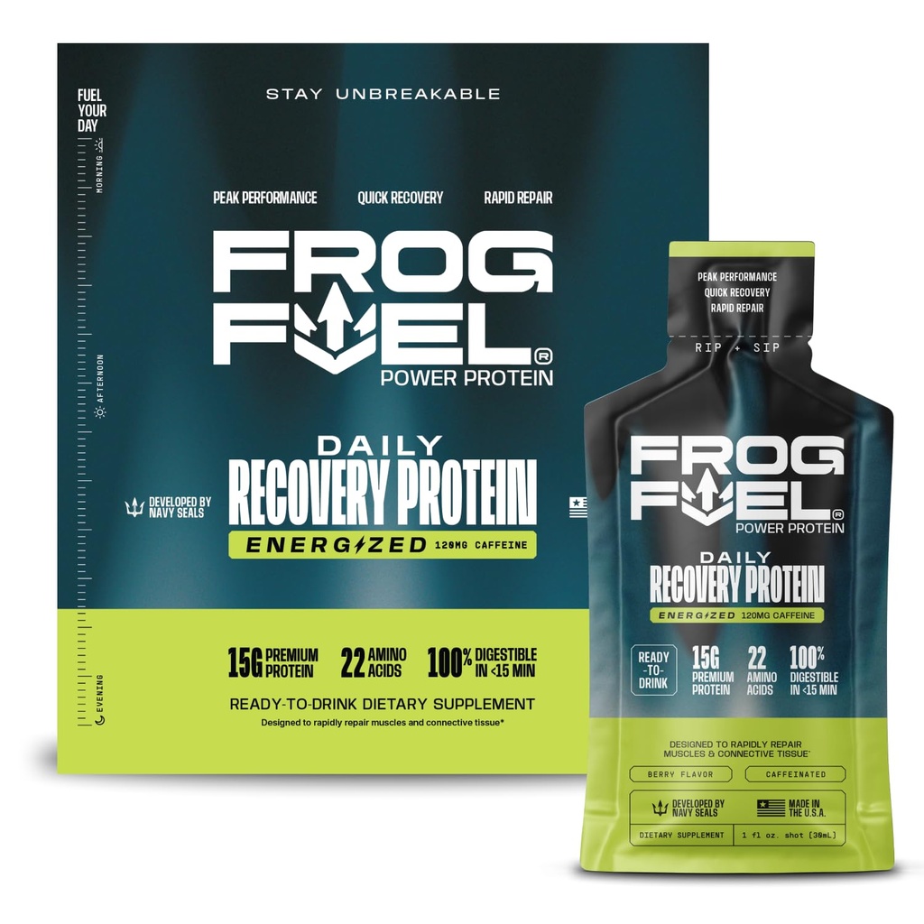 Frog Fuel Power Energized Protein Shot, 15g Proteïne Nano-Hydrolyzed Gras Fed Collageen, 120mg Cafeïne, Vet & Sugar Free, 22 Aminozuren, 0 Carbs, Berry, 1 oz Packets, 24 Pack