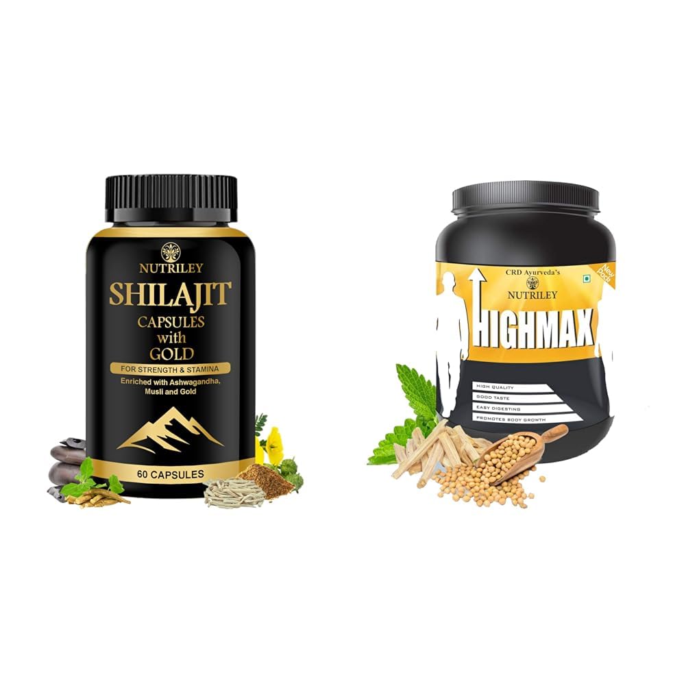 Nutriley Shilajit Gold Capsules For Men With 24 Carat Gold, Shilajit, Ashwagandha & Gokshura 60 Ca | Nutriley CRD Ayurveda Highmax Body Growth Supplement - 500 Gms (Chocolate)