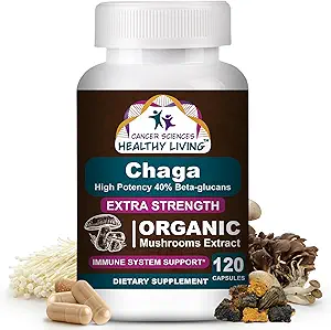 Kankerwetenschappen Chaga Wellness Paddestoelen Supplement, USDA Certified Organic Mushroom Extract, Extra Sterkte 1.500 mg, Hoge Potentie 40% Beta-Glucans, Immune Support, Gut Health, Antioxidant, 120 Caps