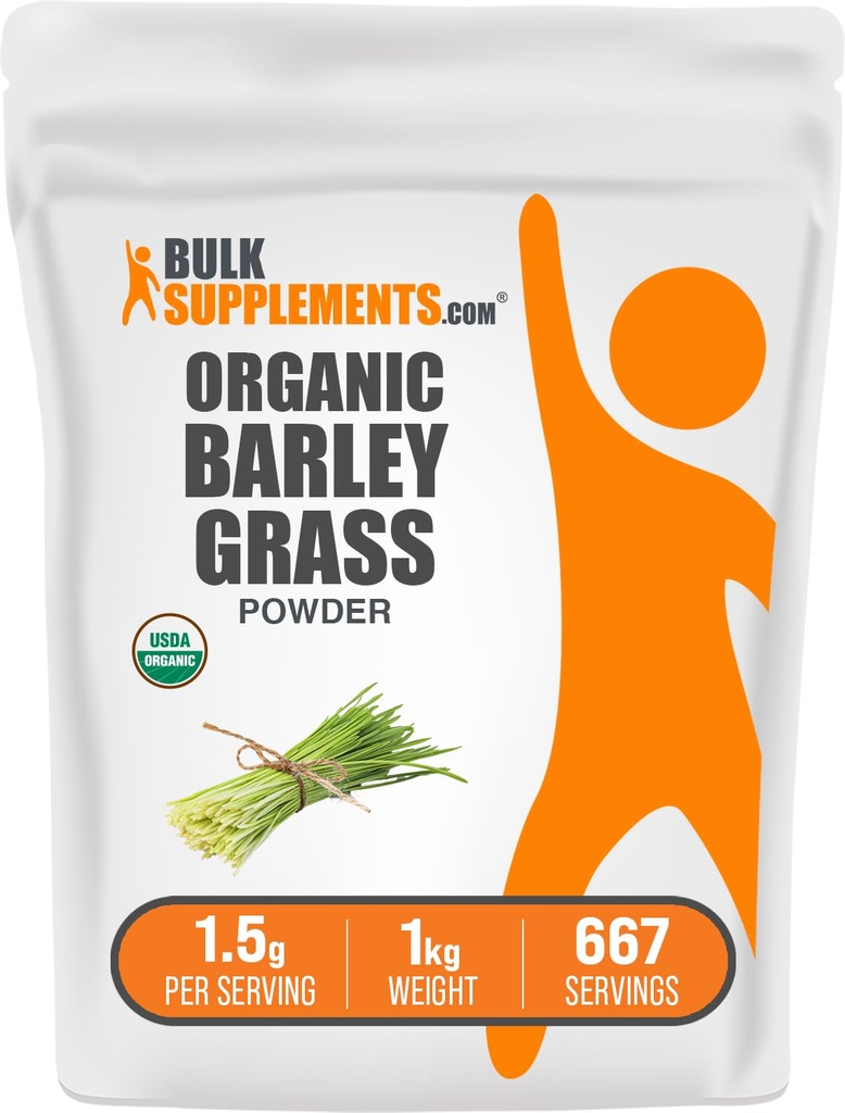 BulkSupplements.com Poudre de graminée d'orge biologique - Poudre de superaliment vert, supplément à base de plantes - Amies des végétaliens, 1,5g par portion, 1kg (2,2 lbs) (paquet de 1)