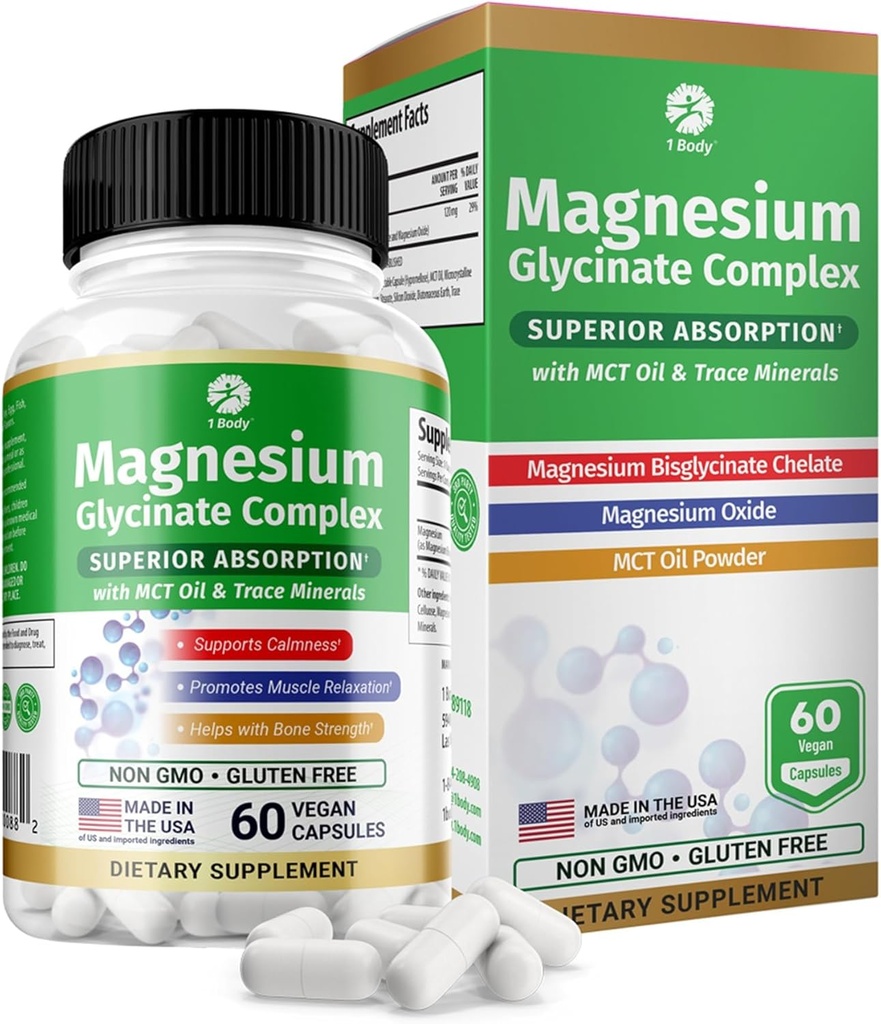 1 Body Magnesium Glycinate Complex, Hoge Absorptie Magnesium Supplement voor Kalmte, Spierontspanning & Bone Health Support, Vegan met MCT olie & Trace Minerals, Non-GMO, 60 Capsules