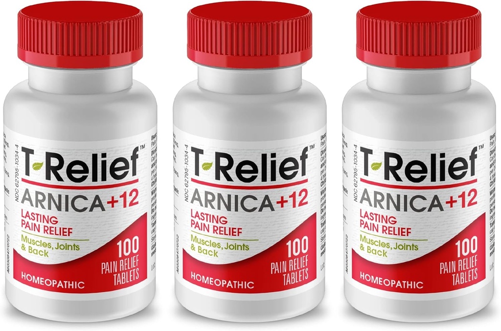 T-Relief Arnica +12 Natuurlijke Relieving Actives voor rugpijn Gewrichtspijn Spierpijn & Stiffness, Gehele lichaam snelle acting relief voor vrouwen & mannen - 100 tabletten (3 verpakkingen)