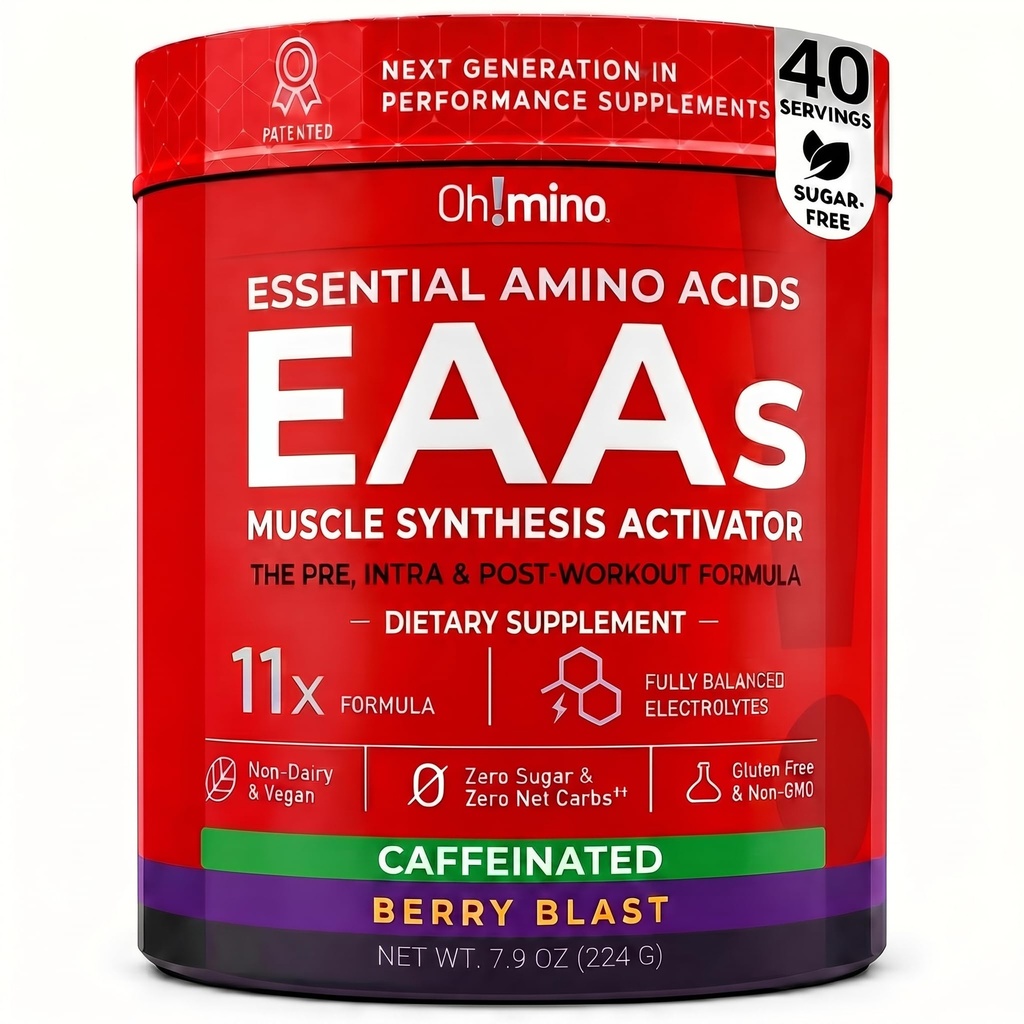 Oh!mino Essential Amino Acids Supplement. Berry Blast, cafeïnepoeder. Alle 9 EAA's, BCAA's en de perfecte Amino voor workouts, Amino Energy, en om spieren te bouwen en sneller te herstellen.