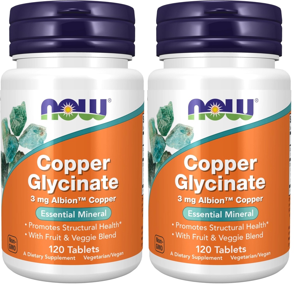 NOW Supplementen, Koper Glycineren met 3mg Albion koper, bevordert structurele gezondheid*, 120 tabletten, licht grijs, Tan (verpakking van 2)
