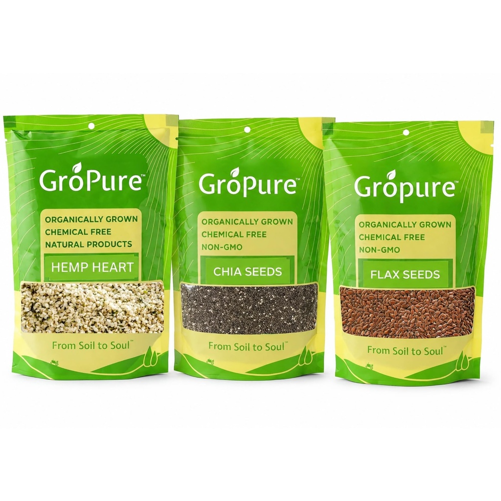 GroPure Organic Hemp Hearts, Flax & Chia Seeds Combo for Eating 525g