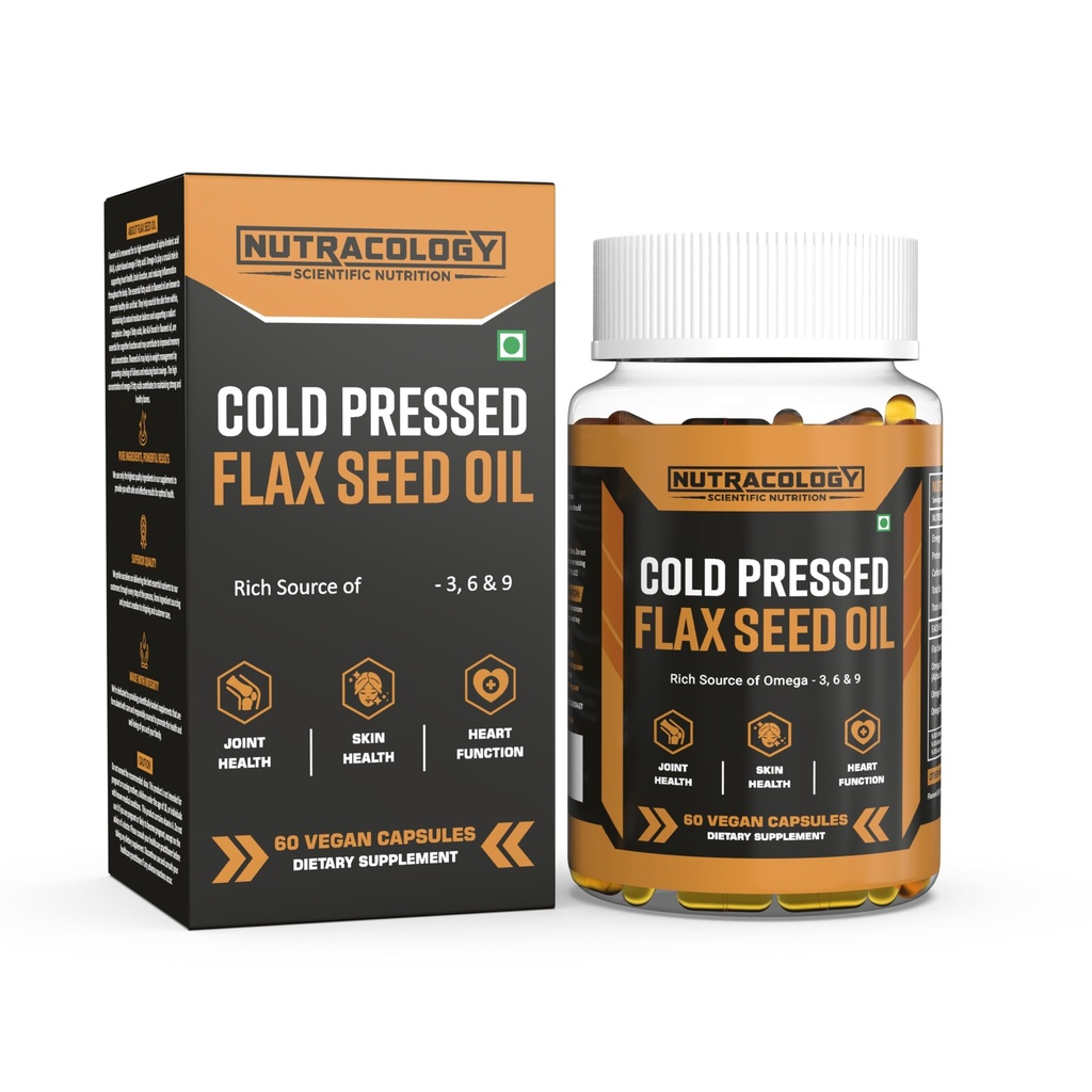 Nutracology Cold Pressed Flax Seed Oil 1000mg Omega 3 Capsules for Vegan Lifestyle, 100% Plant Based, Omega 3 ALA, Hair, Skin, Heart, Brain, Eye & Skin Health Supplement 60 Vegan Filled Capsules