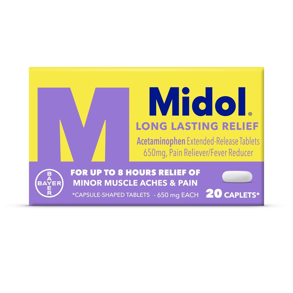 Midol Long Lasting Relief 20ct: Midol Long Lasting Relief, Menstrual Symptom Reliever & Fever Reducer, Caplets with Acetaminophen for Menstrual Pain Relief - 20 Telling (Verpakking mei Vary)