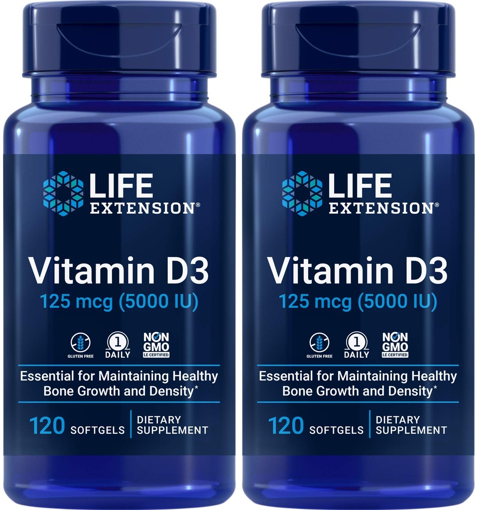 Levensverlenging Vitamine D3 5000 IE, 120 Softgels (verpakking van 2)