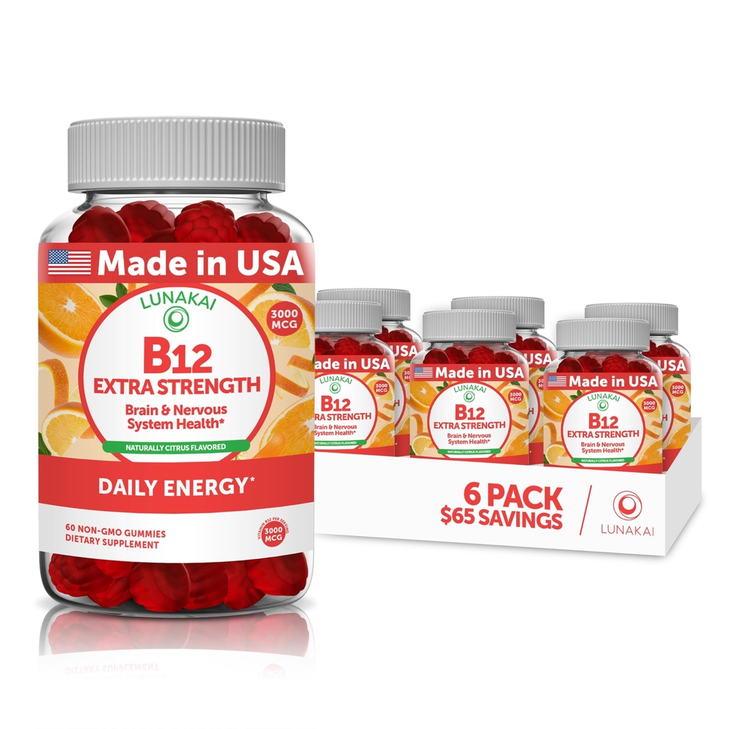 Vitamine B12 Gummies voor volwassenen - Smaakvolste Vrije Formule - 3000mcg Methyl B-12 Hoge Absorptie Energie Gummies - Niet GMO Vegan Vit B12 - Kauwbaar B 12 voor Energie Ondersteuning en Bot Gezondheid - 6 Pack