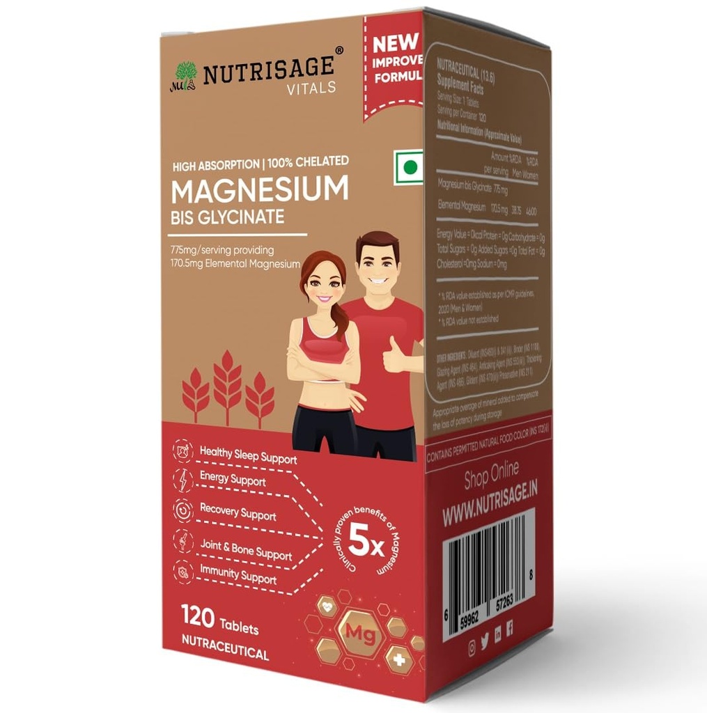 Magnesium Bisglycinate 775 mg per Tablet | Provides 170.5 mg Elemental Magnesium | 100% Chelated High Absorption | Sleep, Muscle Recovery, Stress, Bone & Nerve Support | 120 tab- Pack of 2 (240 Tablets)