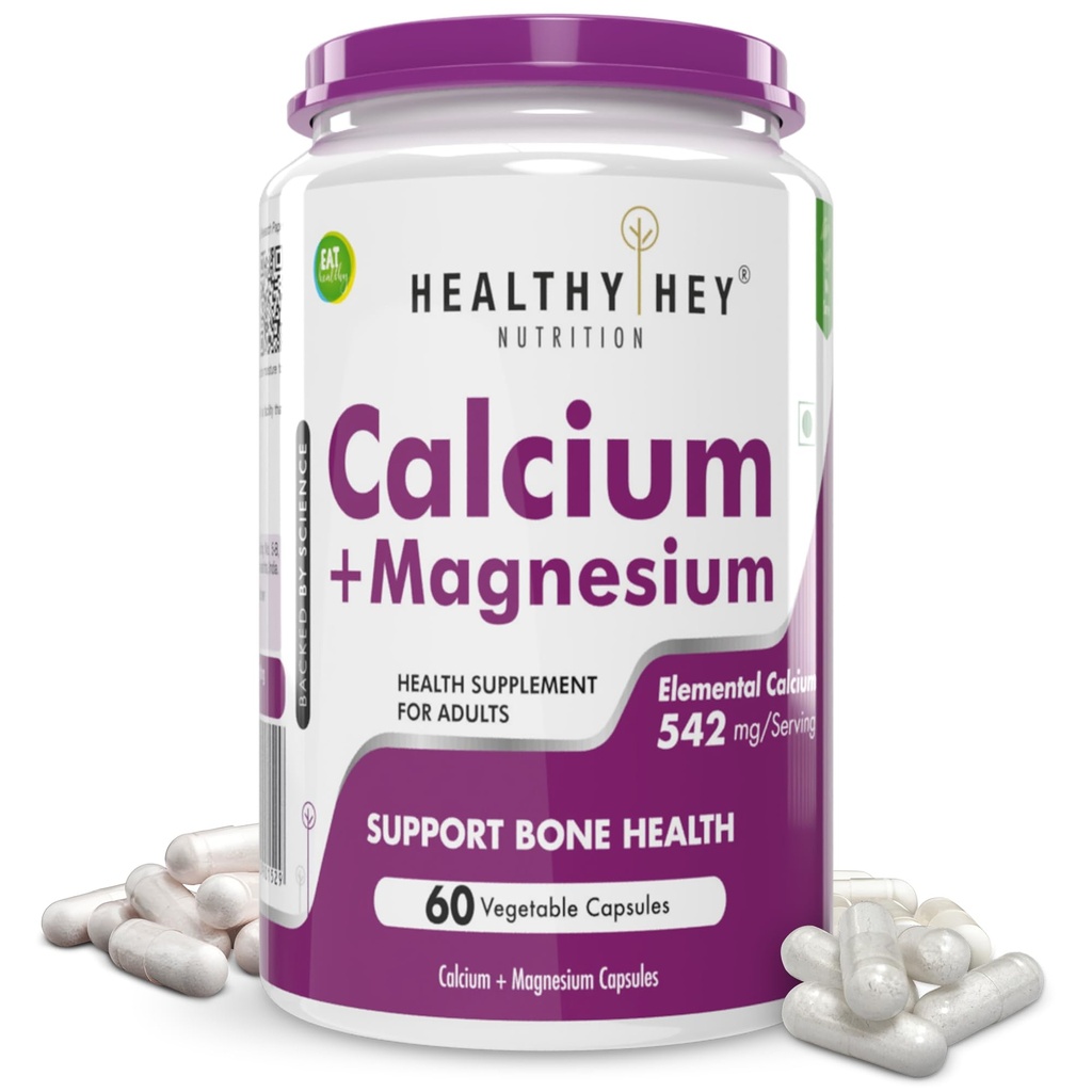 HealthyHey Nutrition Vegan Calcium with Magnesium - Bone Health Complex-60 Vegetable Capsules